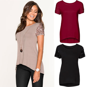 CLEARENCE SEQUINS SHORT SLEEVE PATCHWORK SCOOP IRREGULAR T-SHIRT