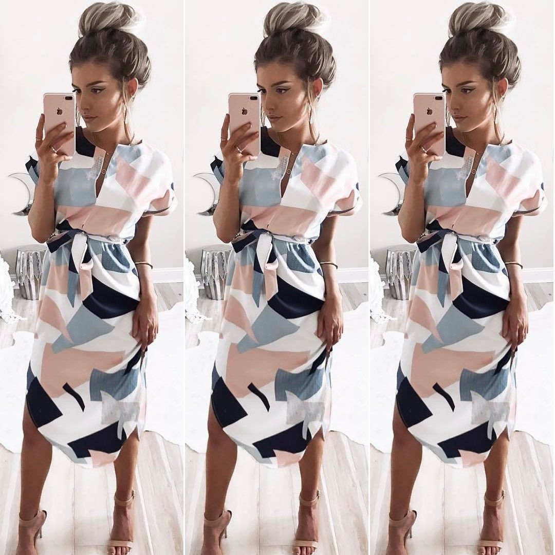 FASHION V-NECK PRINT IRREGULAR KNEE-LENGTH DRESS