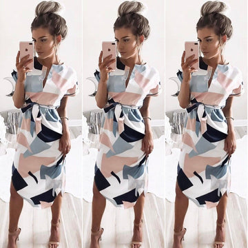 FASHION V-NECK PRINT IRREGULAR KNEE-LENGTH DRESS