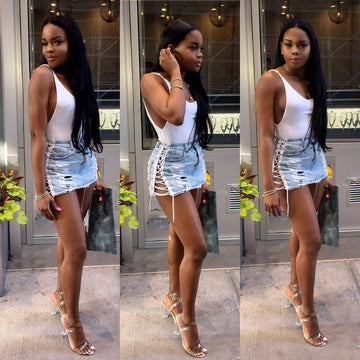 LACE UP HOLE BODYCON SLIM SHORT SKIRT
