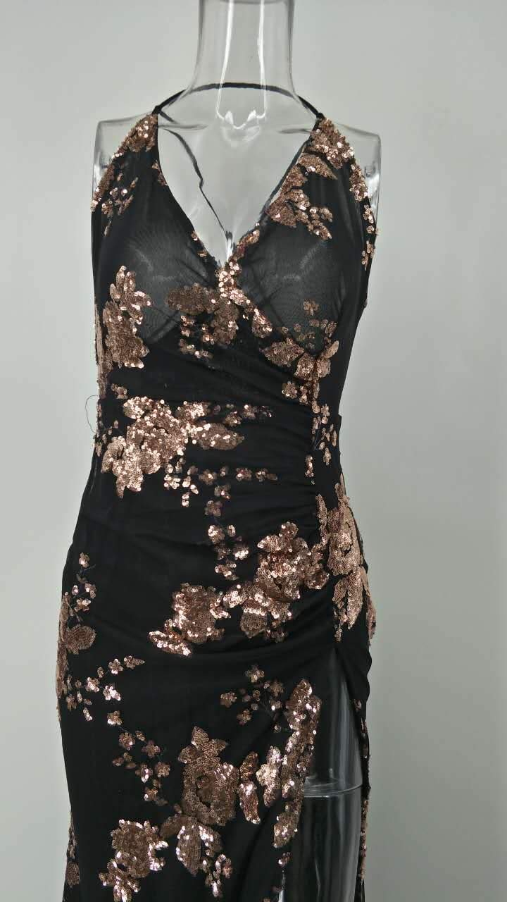 DEEP V-NECK SPAGHETTI STRAPS BACKLESS SPLIT LONG PARTY
