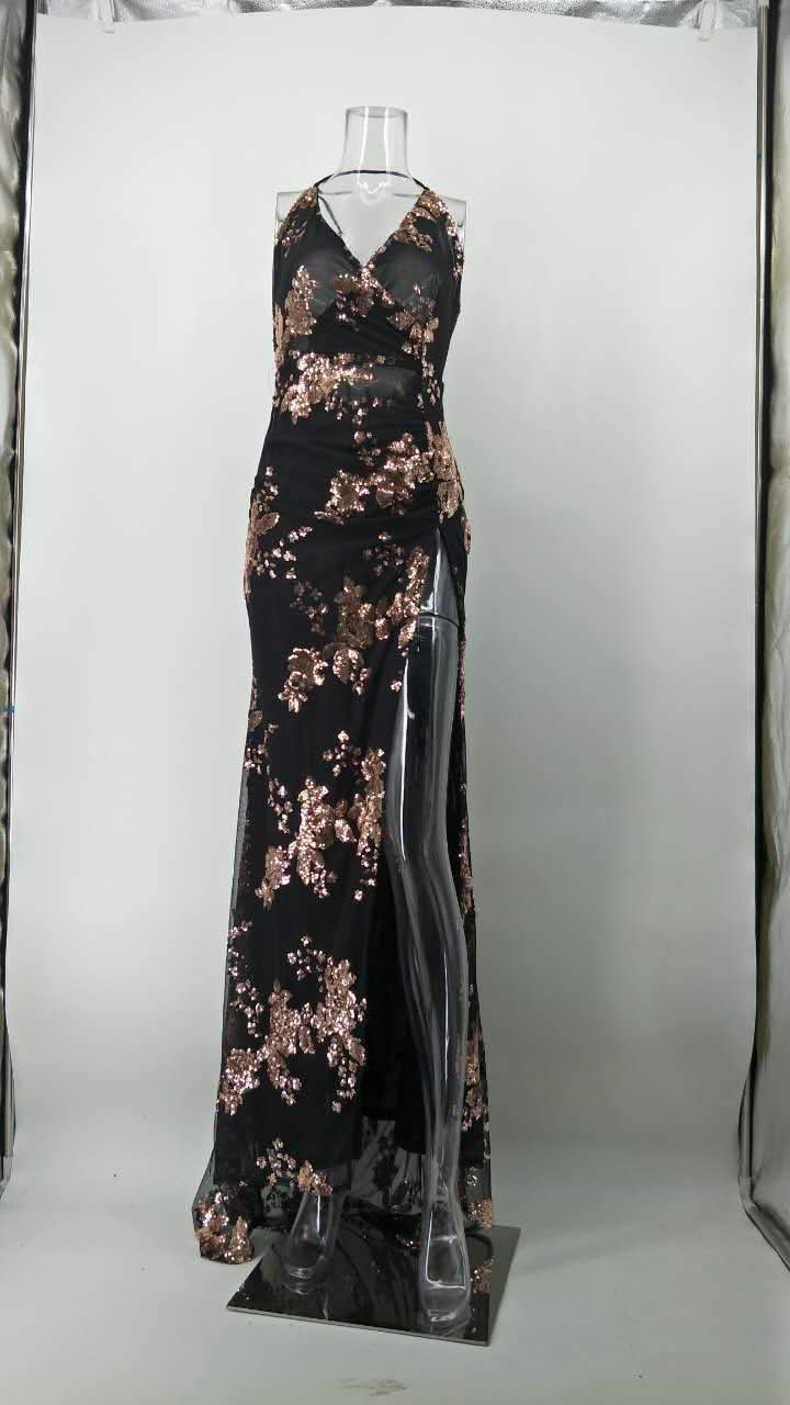 DEEP V-NECK SPAGHETTI STRAPS BACKLESS SPLIT LONG PARTY