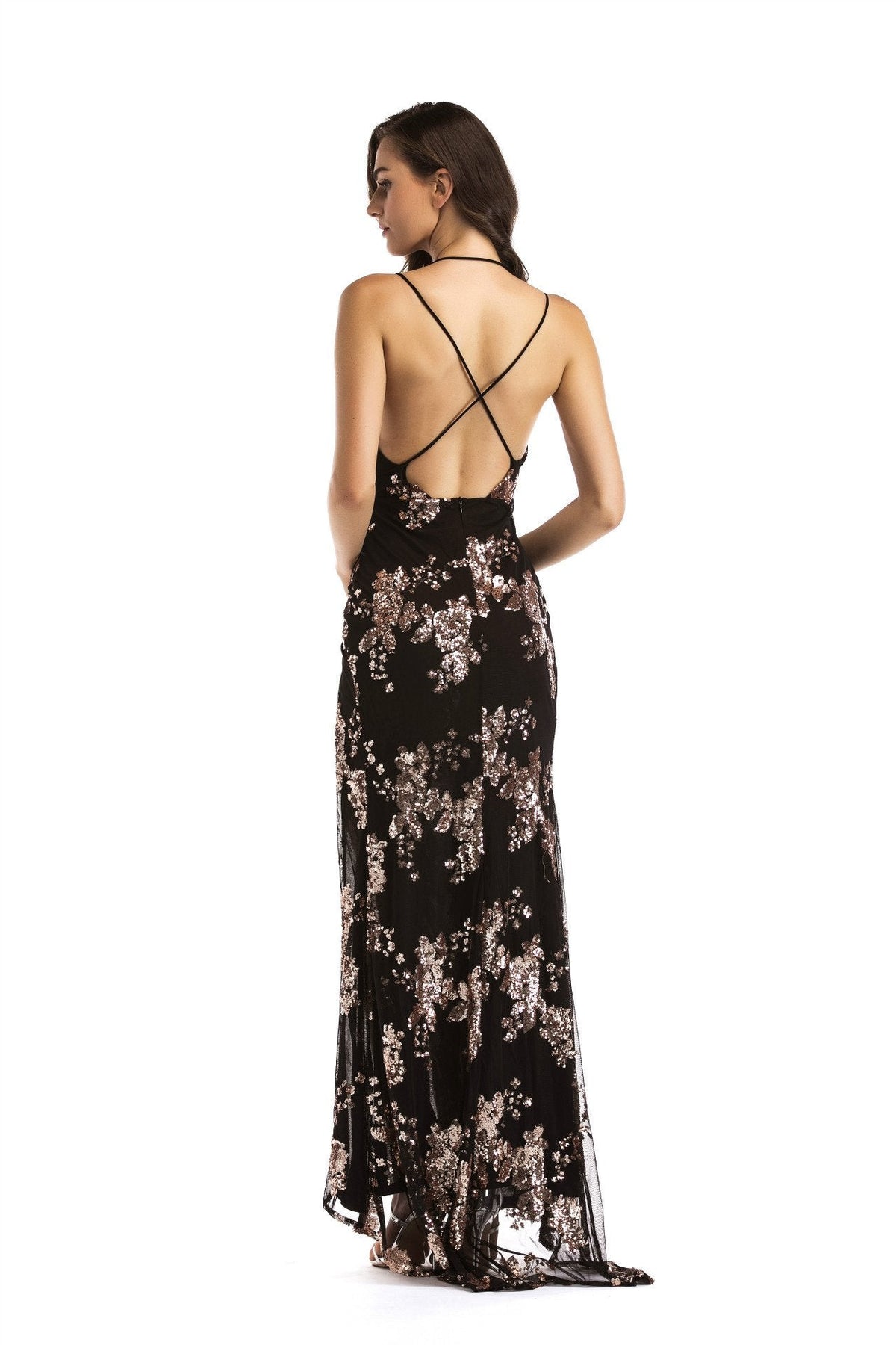 DEEP V-NECK SPAGHETTI STRAPS BACKLESS SPLIT LONG PARTY