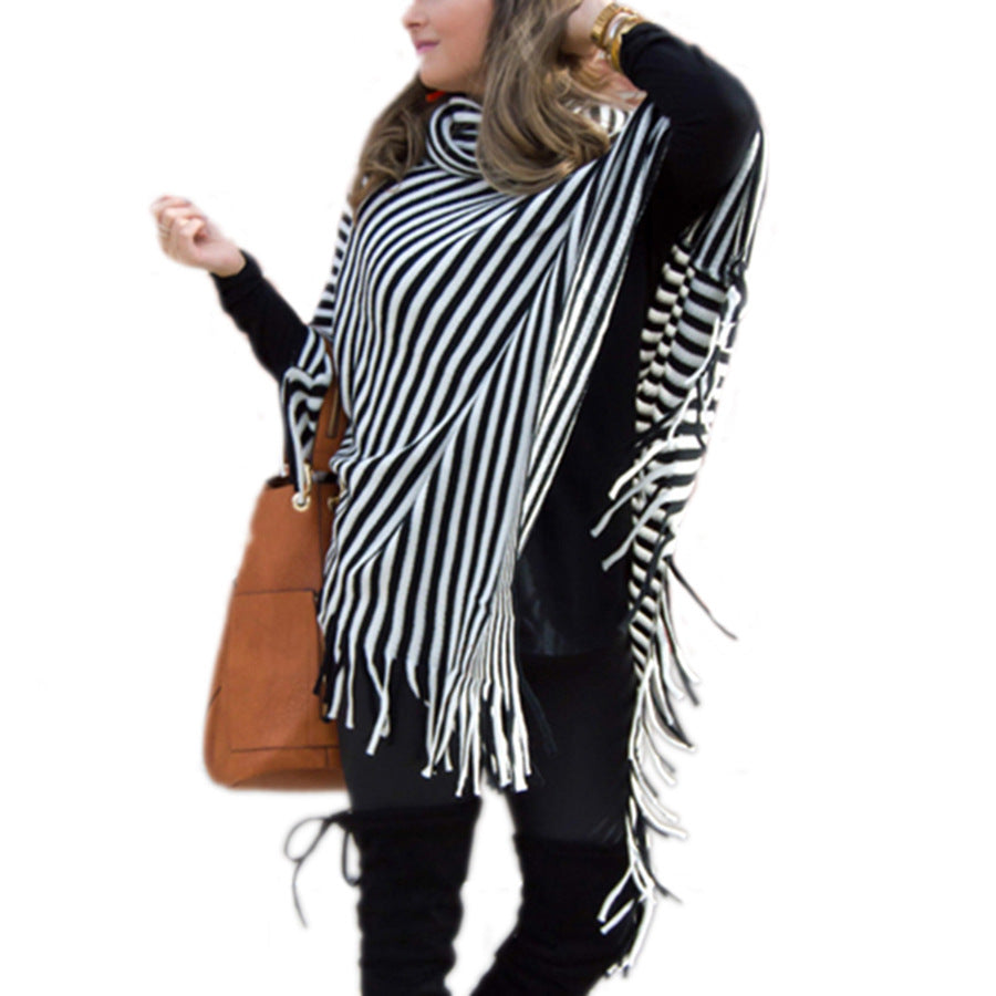 Stripes High Neck Loose Irregular Cap Sweater