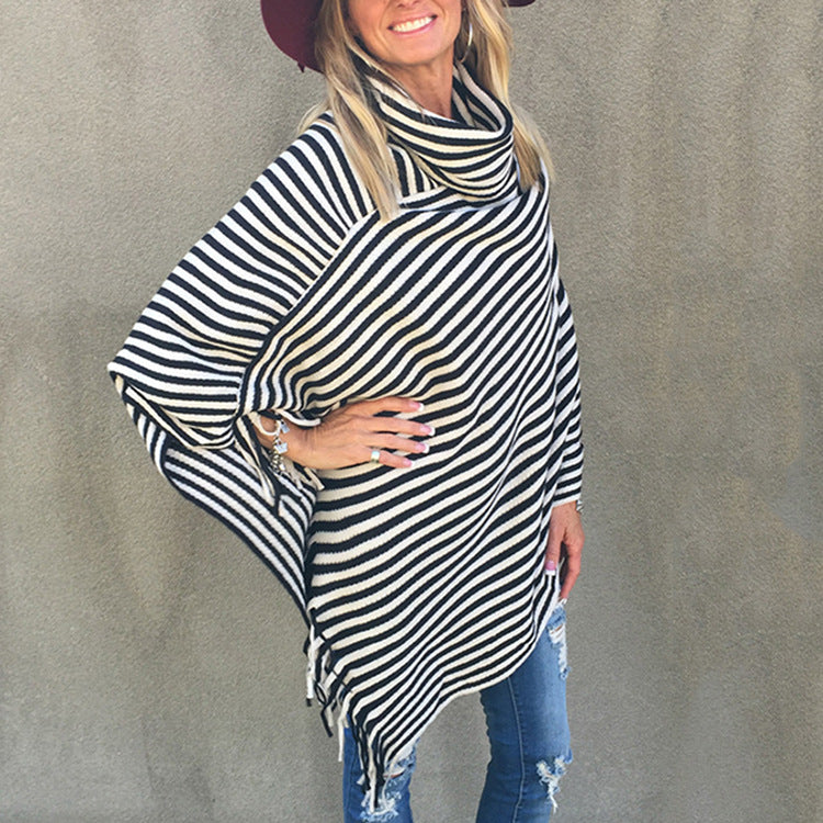 Stripes High Neck Loose Irregular Cap Sweater