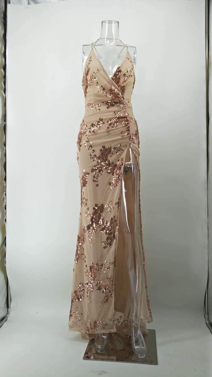 DEEP V-NECK SPAGHETTI STRAPS BACKLESS SPLIT LONG PARTY