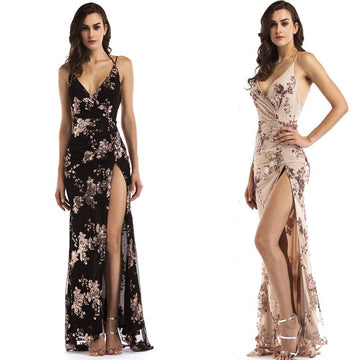 DEEP V-NECK SPAGHETTI STRAPS BACKLESS SPLIT LONG PARTY