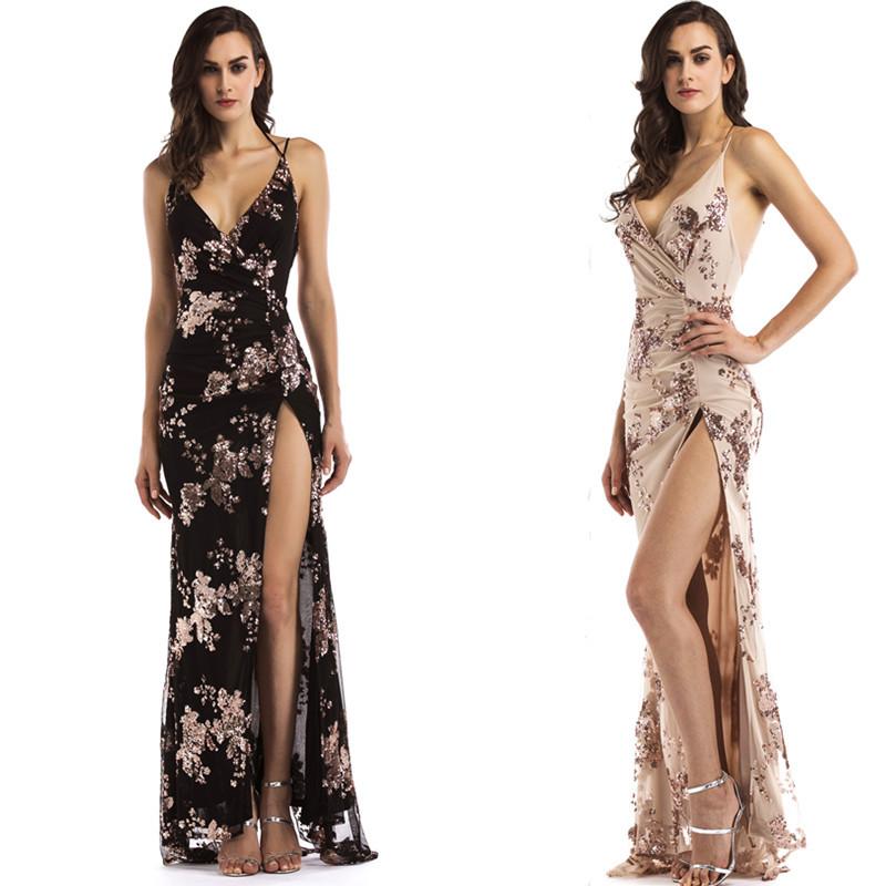 DEEP V-NECK SPAGHETTI STRAPS BACKLESS SPLIT LONG PARTY