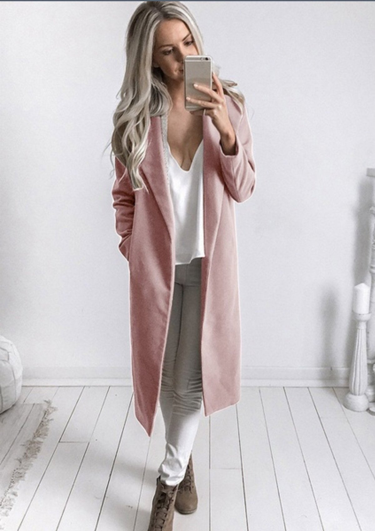 LAPEL COLLAR POCKETS LONG SLIM WOOLEN COAT