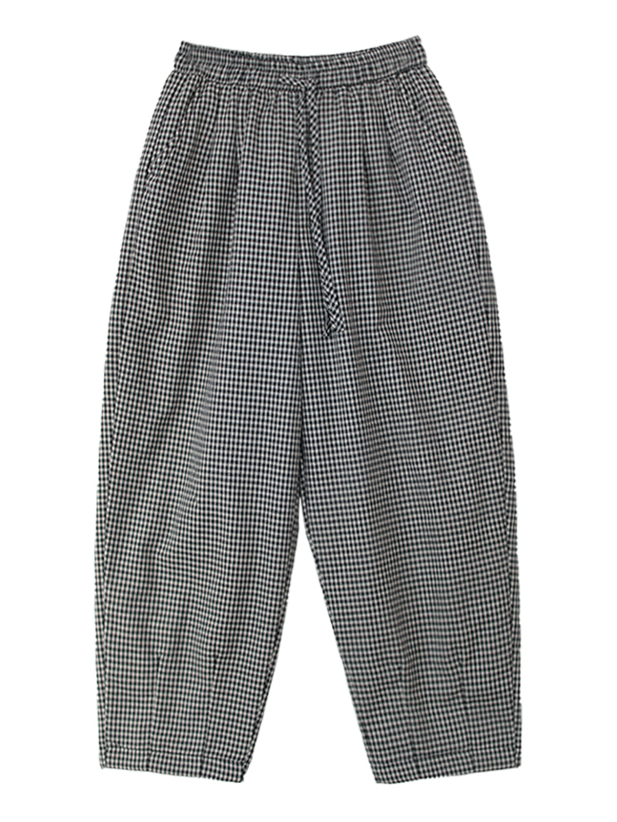 Casual Loose Plaid Elastic Waist Padded Cotton Pants for Women
