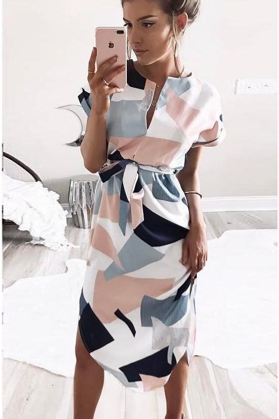 FASHION V-NECK PRINT IRREGULAR KNEE-LENGTH DRESS
