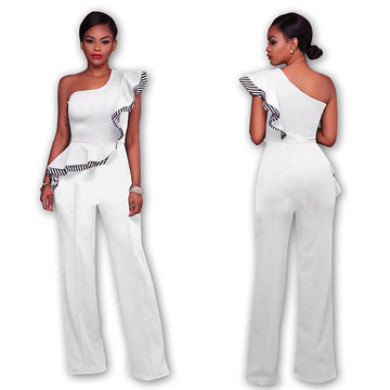 PURE COLOR ONE SHOULDER RUFFLES WIDE-LEGS LONG JUMPSUIT