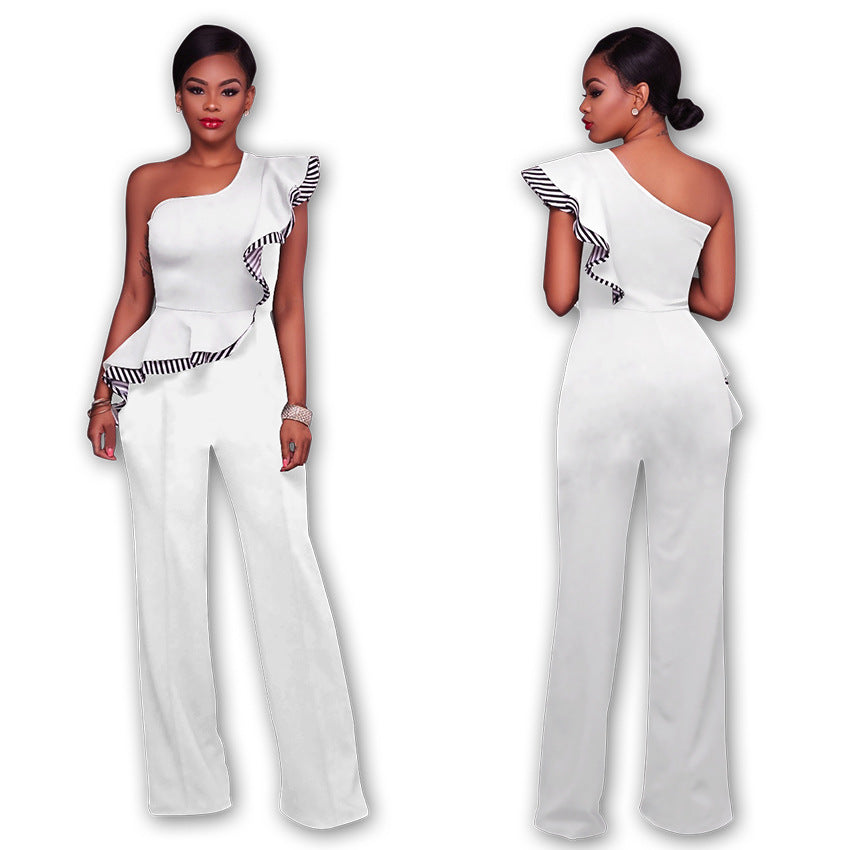 PURE COLOR ONE SHOULDER RUFFLES WIDE-LEGS LONG JUMPSUIT