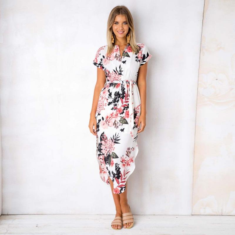 FASHION V-NECK PRINT IRREGULAR KNEE-LENGTH DRESS
