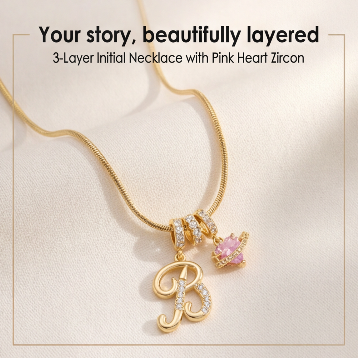 3-Layer Initial Necklace with Pink Heart Zircon
