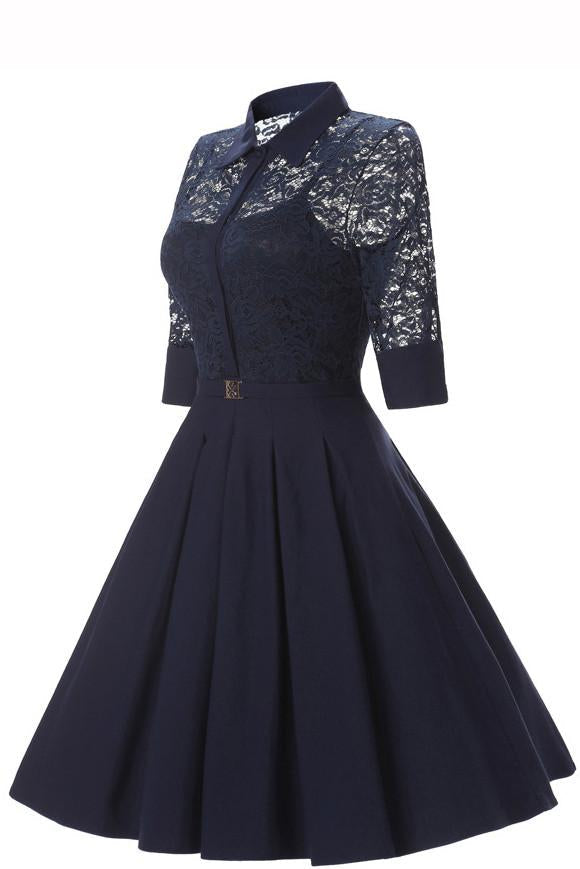LACE LONG SLEEVES SOLID SPLICING PLEATED SHORT DRESS