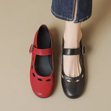 Sheepskin Leather Round Toe Hallow One Straped Soft Flat Shoes