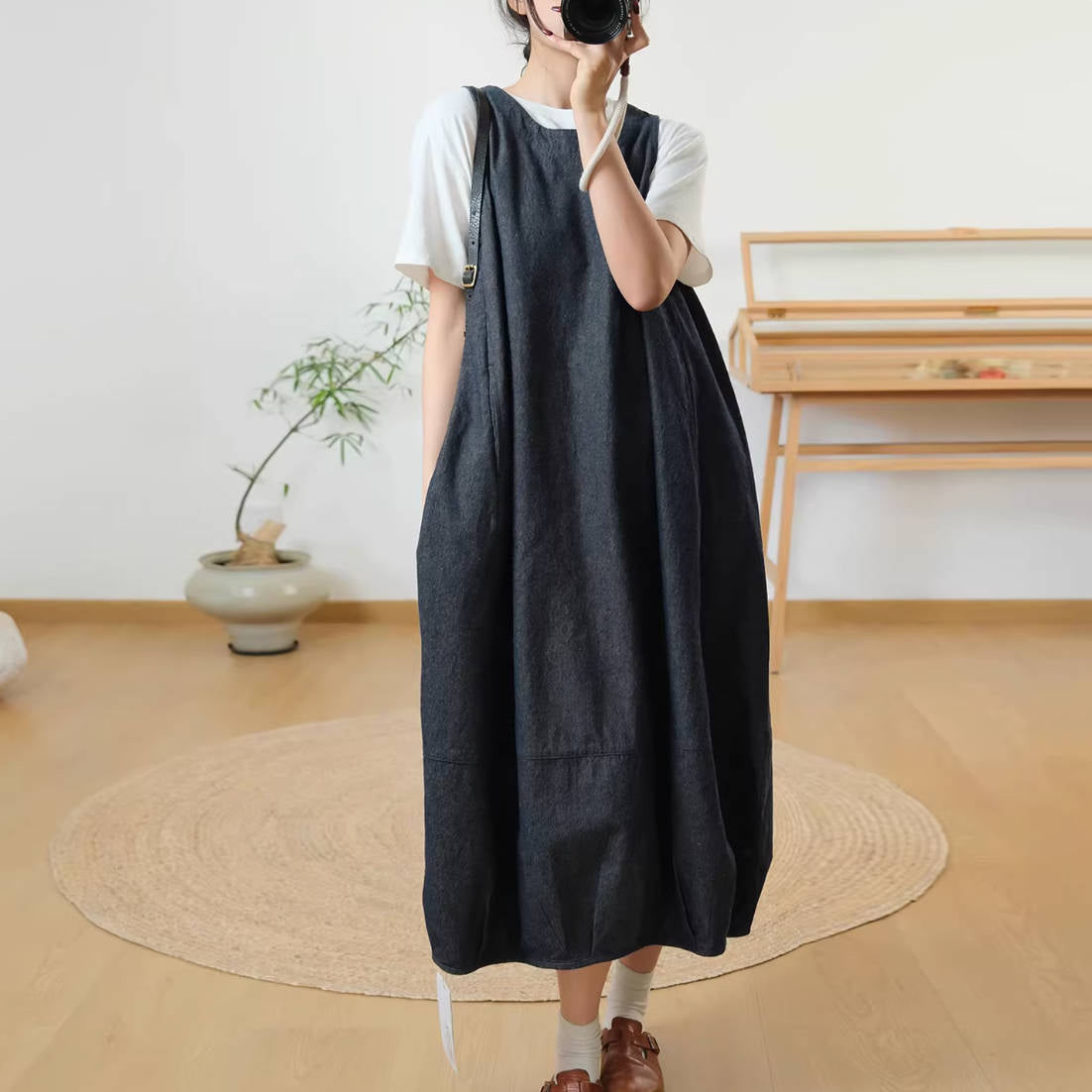 Summer Retro Denim Blue Round Neck Sleeveless Loose Pocket Dress