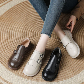 Spring Top Leather Retro Straped Casual Soft Sole Versatile Slip-On Shoes