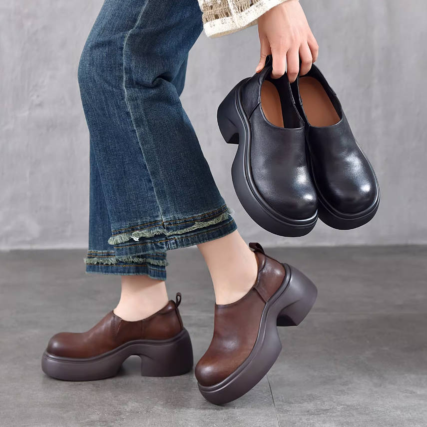 Top Leather Casual Thick Sole Platform Round Toe Slip-On Shoes