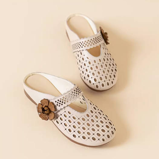 Retro Summer Leather Hollow Out Closed Toe Soft Flat Sole Sandals