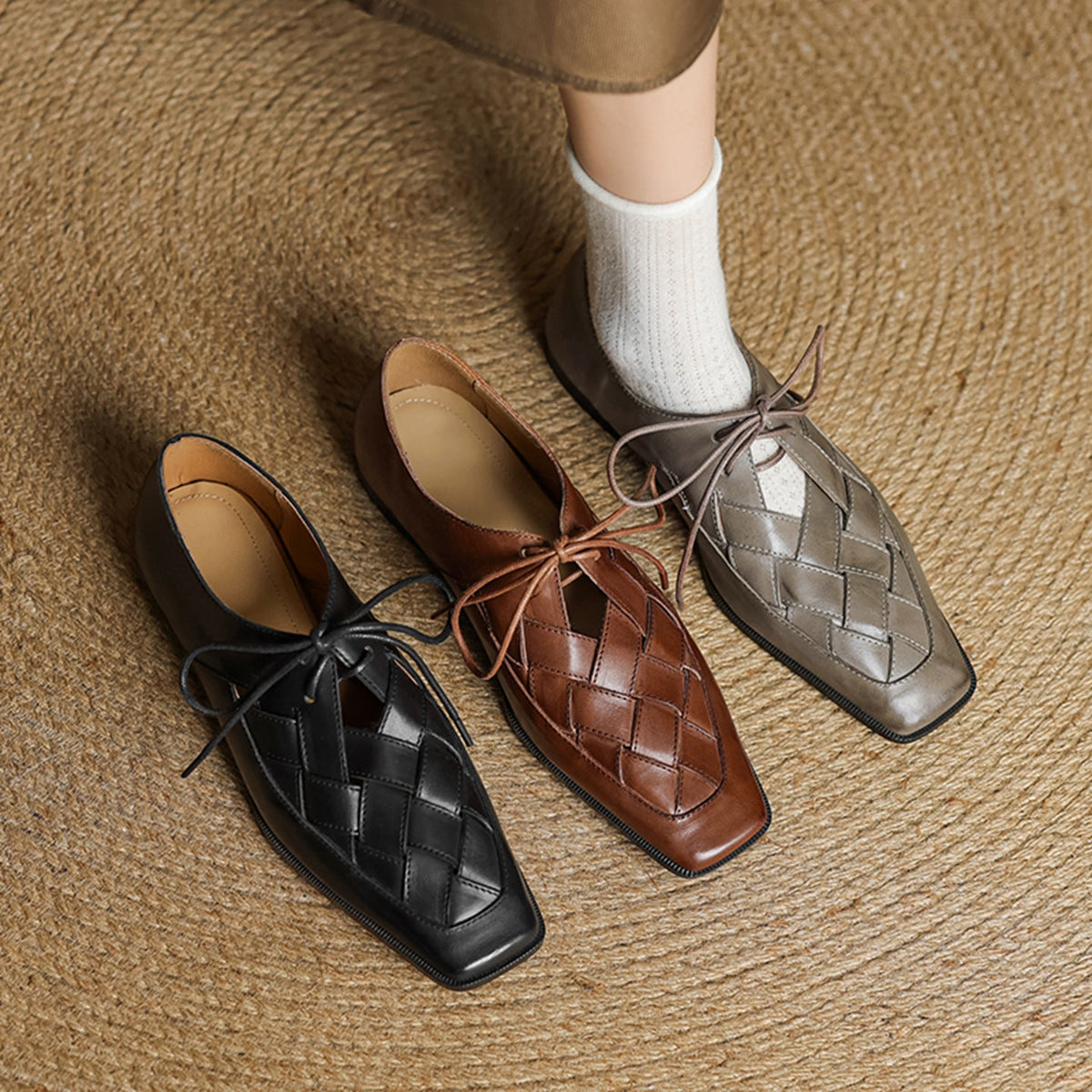 Elegant Leather Woven Square Toe Lace-Up Flat Shoes