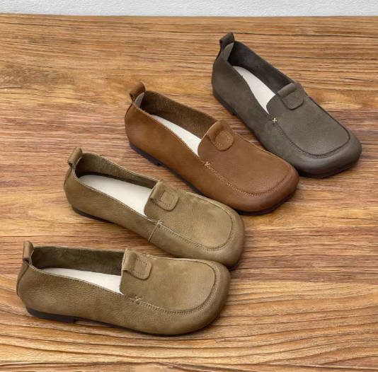 Vintage Genuine Leather Square Toe Soft Sole Slip-ons