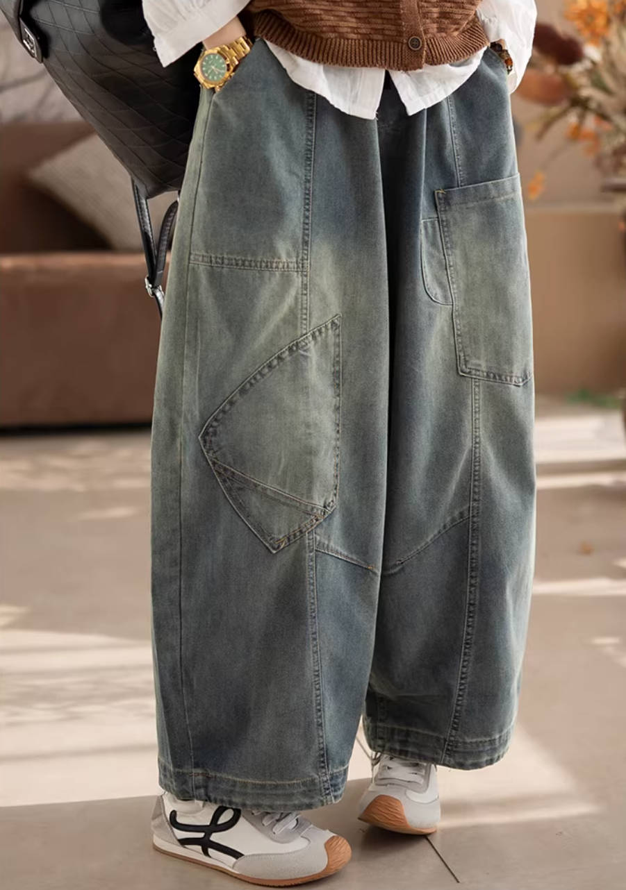 Retro Spring Denim Washed Wide Leg Loose Elastic Waist Casual Jeans
