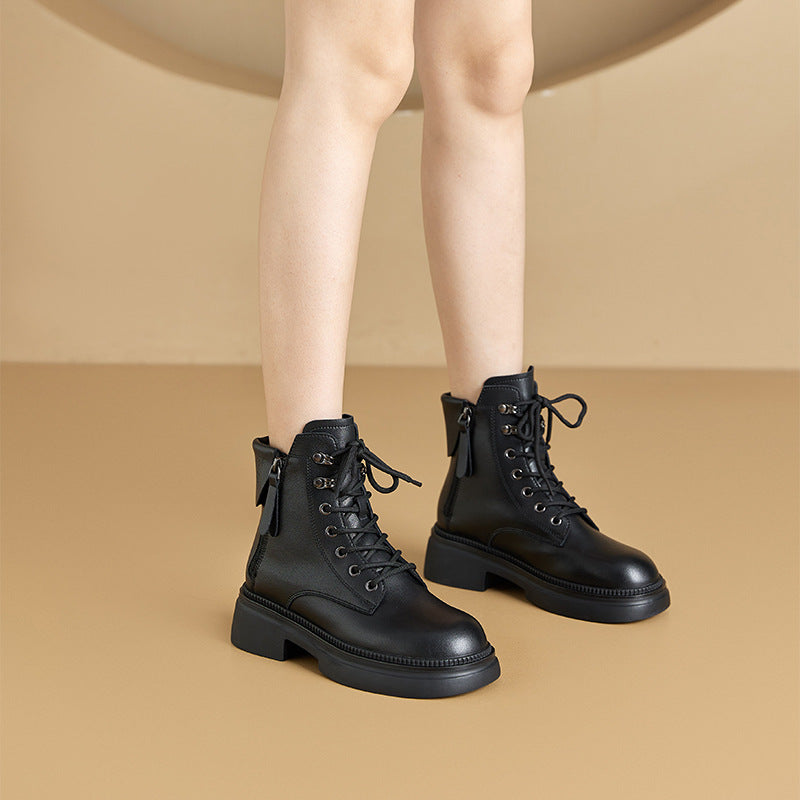 Vintage Top Leather Casual Fashion Double Zippers Lace Up Boots