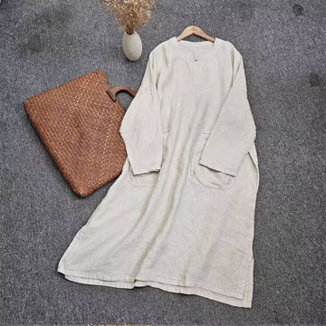 Spring Linen Round Neck Solid Color Loose Sleeves Long Tops