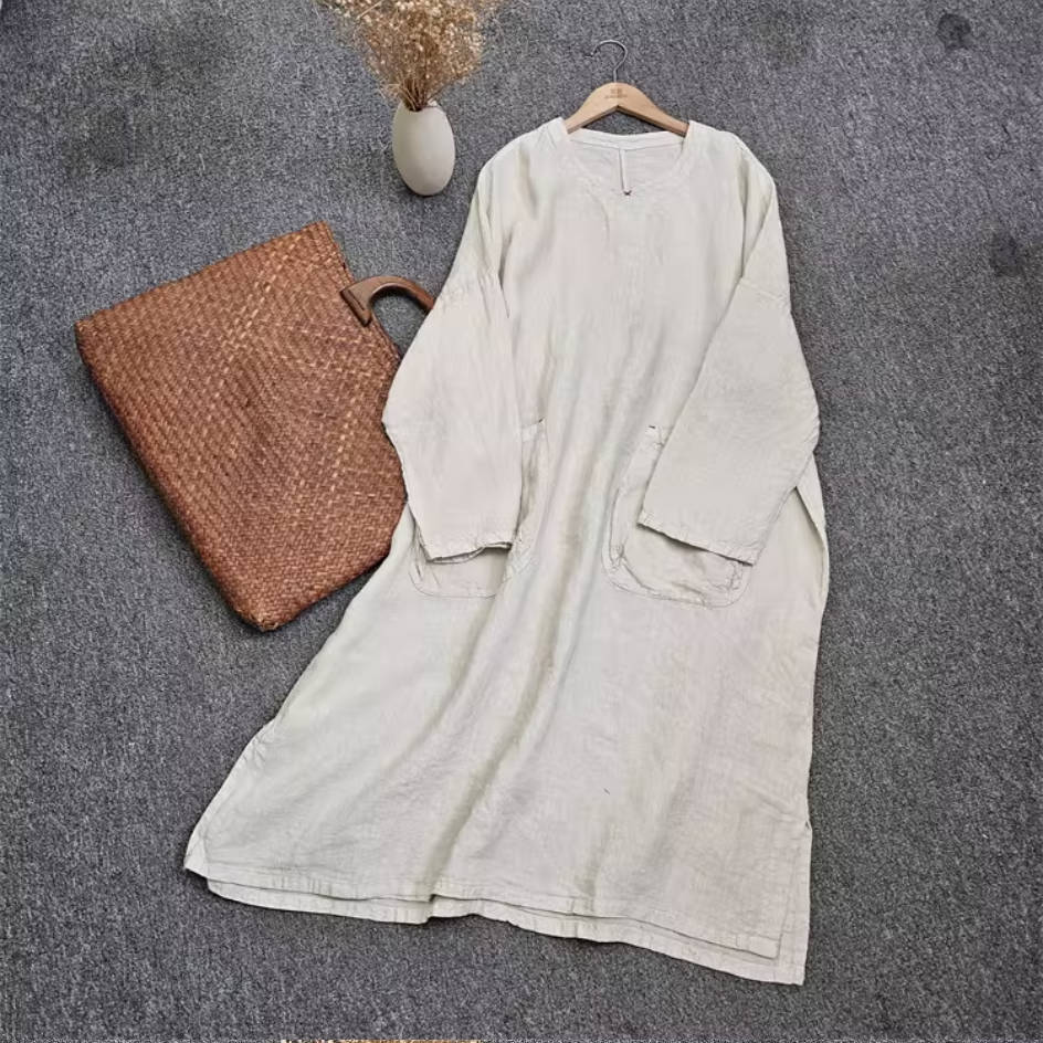Spring Linen Round Neck Solid Color Loose Sleeves Long Tops