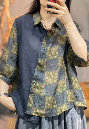 Vintage Casual Ramie Patchwork Short Sleeve Turn Down Collar Top