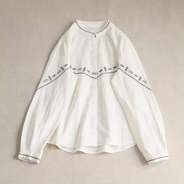 Spring Cotton Simple Geometric Embroidered Round Neck Loose Shirt