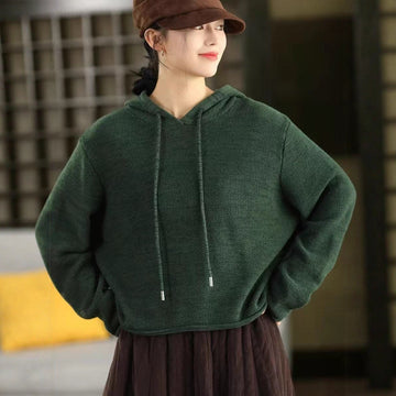 Spring Retro Cotton Knitted Solid Color Loose Casual Hoodies