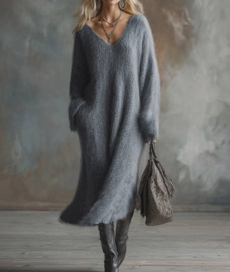 Vintage Women Long Sleeve V-Neck Loose Knit Sweater Dress