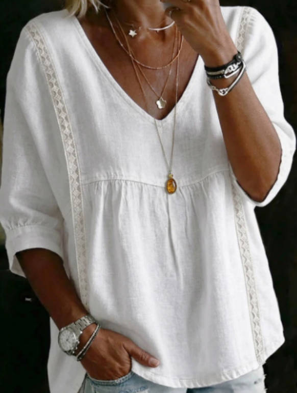 Spring Linen Solid Color V-neck Casual 3/4 Sleeve top