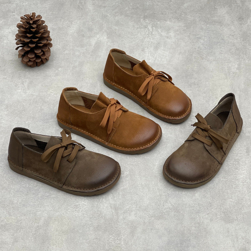 Simple Versatile Genuine Leather Lace-Up Light Soft Sole Flats