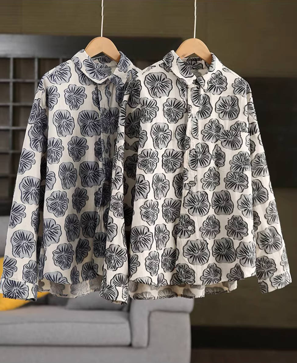 Spring Retro Fashion Linen Printed Casual Loose Floral Shirt