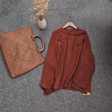 Solid Color Retro Linen Stand Collar Frog Button Versatile Tops