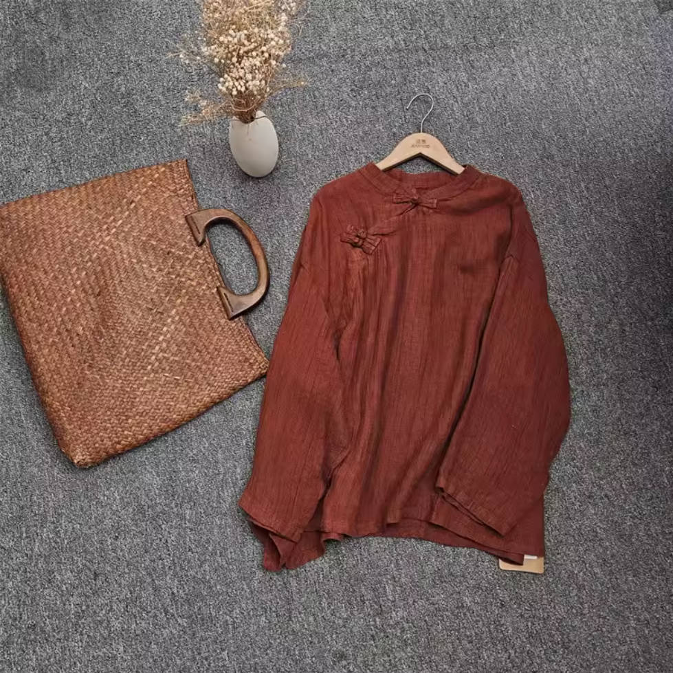 Solid Color Retro Linen Stand Collar Frog Button Versatile Tops