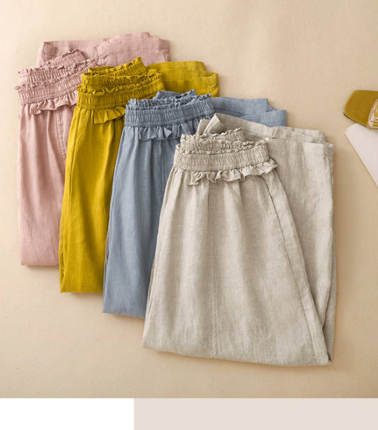 Spring Casual Cotton Ruffled Elastic Waist Straight-Leg Pants