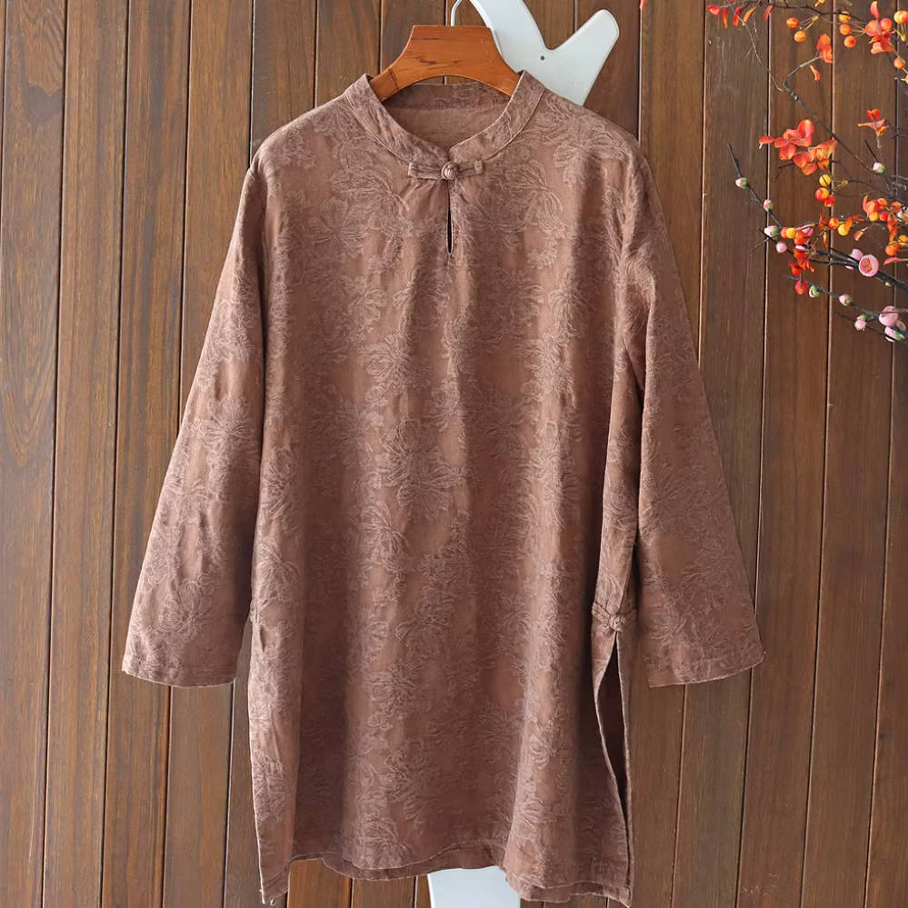 Women Autumn Linen Stand Collar Brown Printed Chinese Style Long Shirt