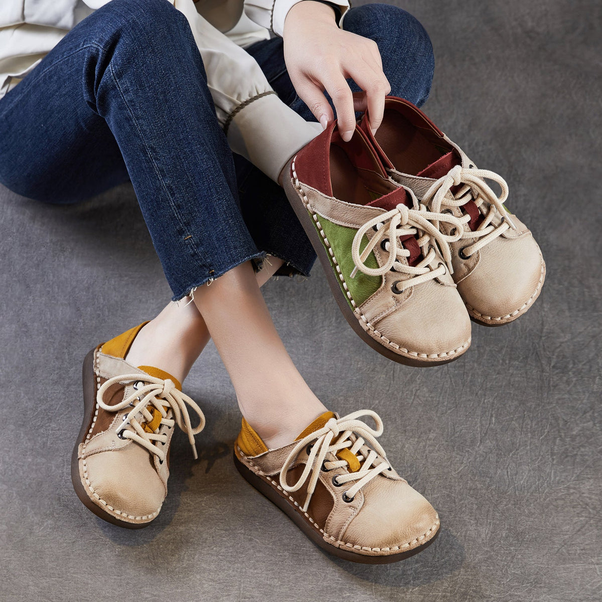 Genuine Top Leather Patchwork Casual Comfy Flat Sole Shoes