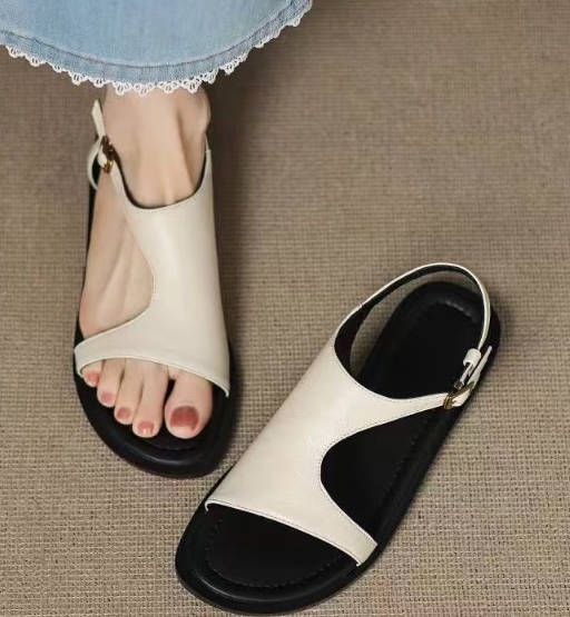 Retro Casual Genuine Leather Round Open Toe Women Soft Sole Sandals