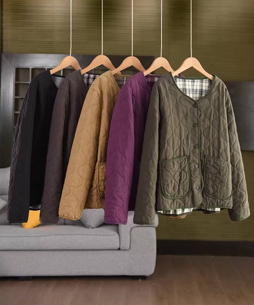 Winter Linen Cotton-In Round Neck Warm Plaid Thick Coat