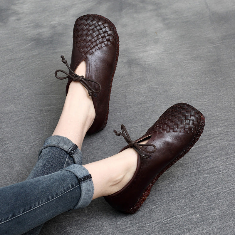 Retro Leather Woven Square Toe Lace-Up Everyday Comfy Flats