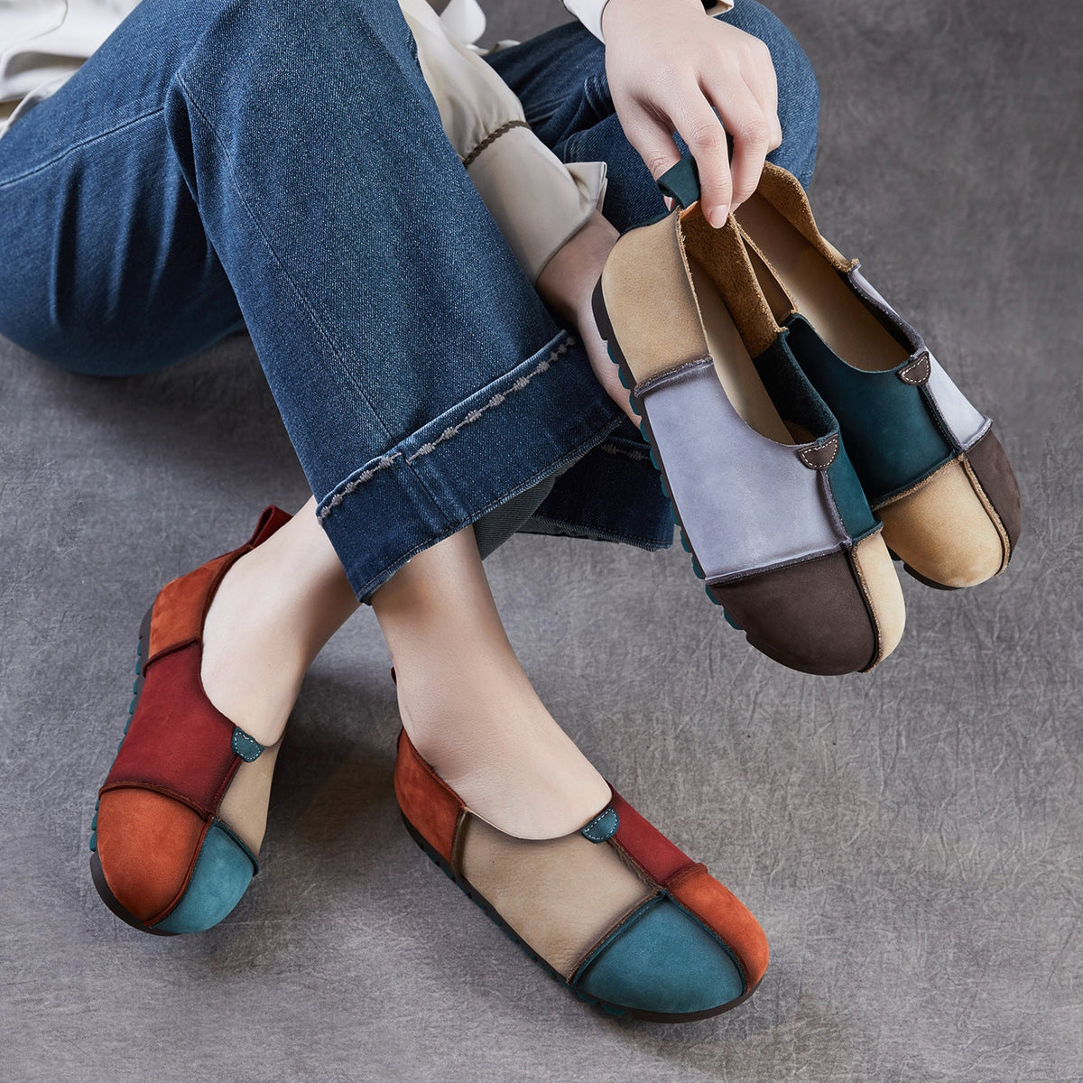 Genuine Leather Patchwork Shallow Casual Soft Sole Flat Shoes