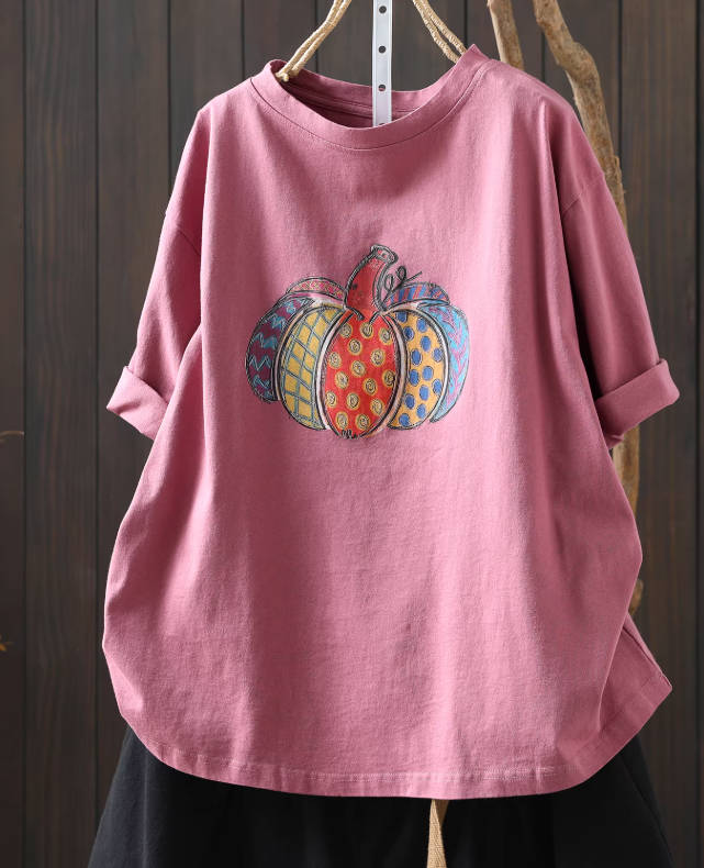 Spring Cotton Casual Pumpkin Short Sleeve Round Neck T-Shirts