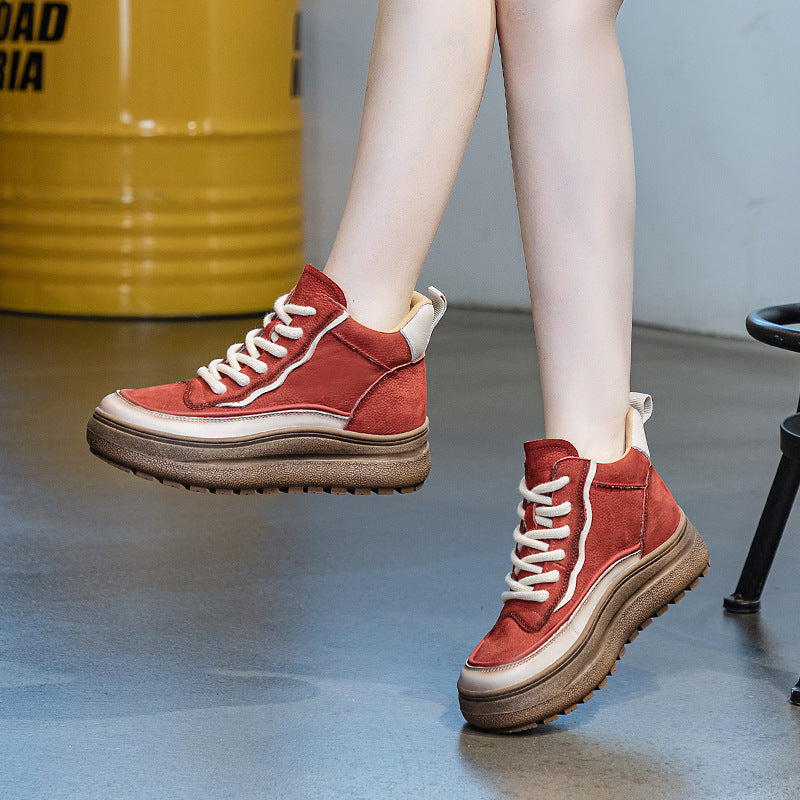 Top Leather Retro Patchwork Sueded Platform Casual Shoes