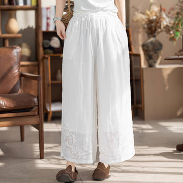 Spring Ramie Loose Embroidered Elastic Waist Lace-Up Pants
